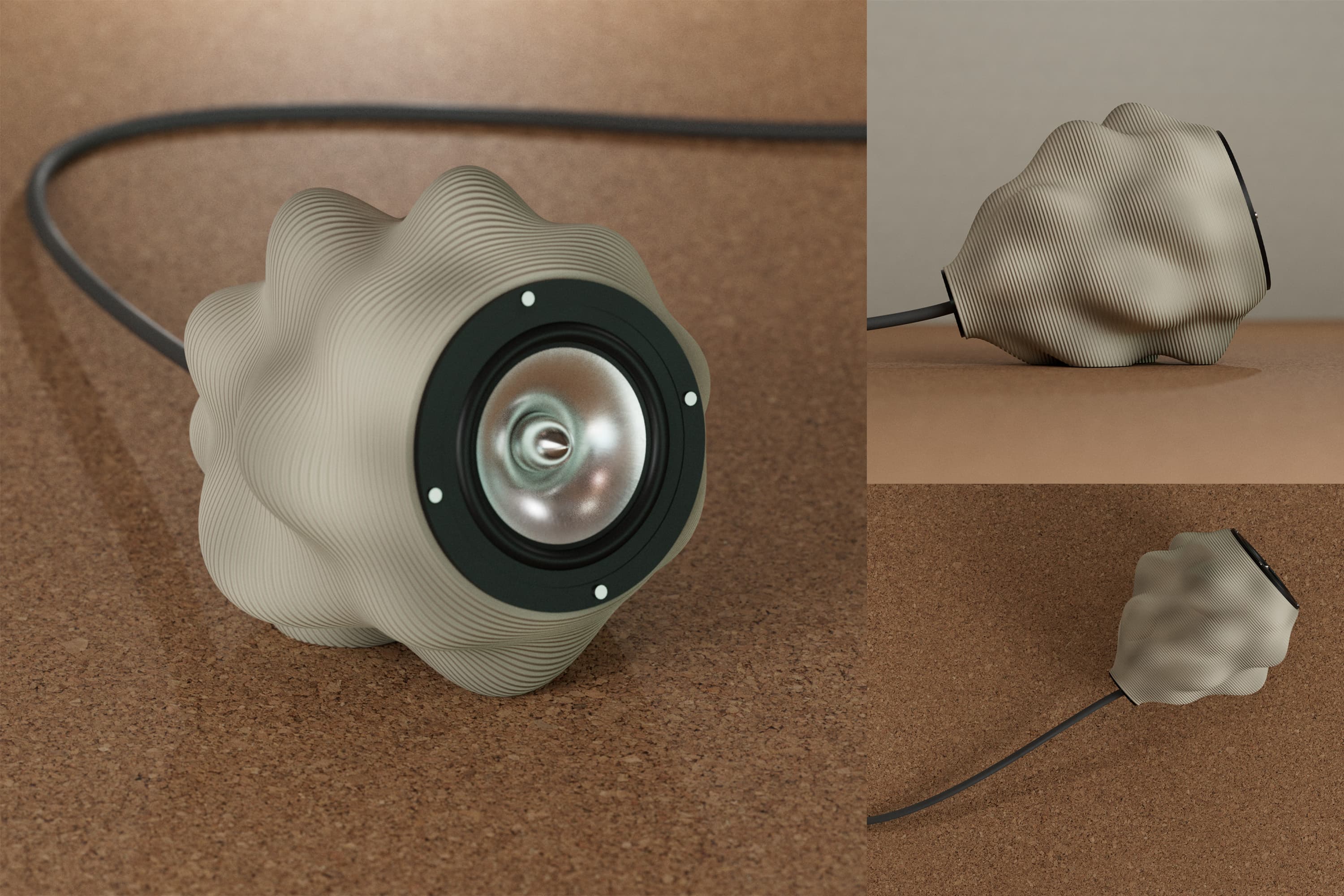 Vistas renderizadas del diseño elegido sobre una superficie de corcho.
